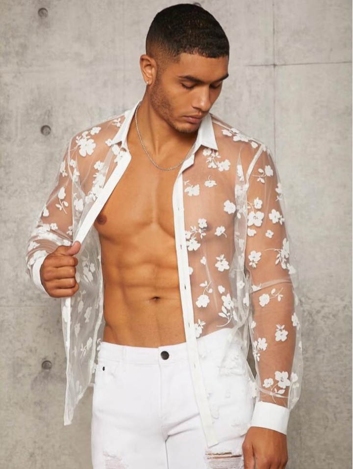 Men's Floral Print See Through Long Sleeve Button Up Plain Shirt